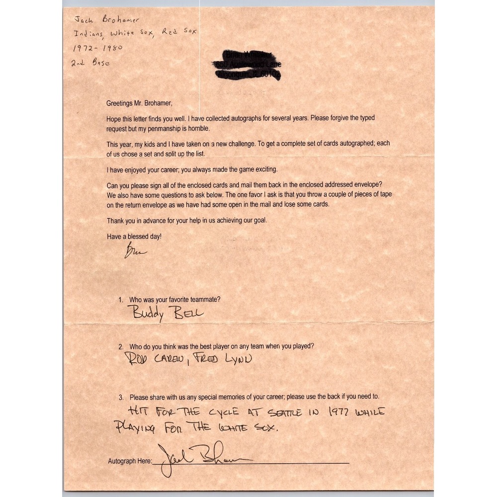 Jack Brohamer Autographed Letter Baseball White Sox Indians Red Sox 2nd Base